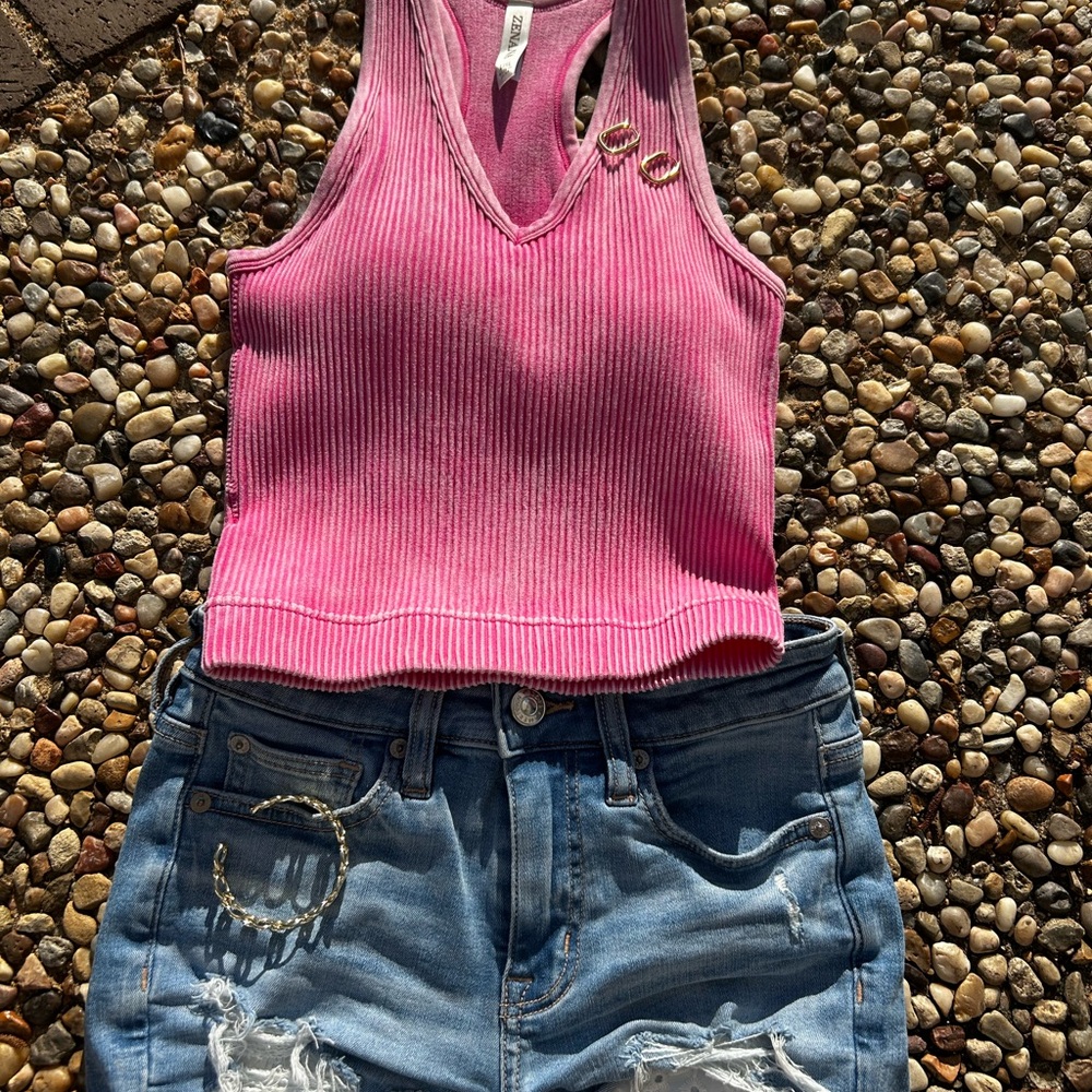 Pink Ribbed Tank Top with bra.